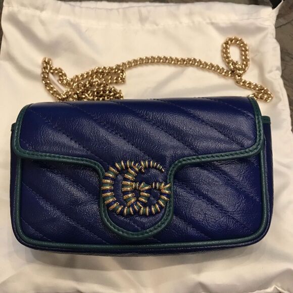 Gucci GG Marmont Chain Wallet Diagonal Quilted Leather Mini Blue - Picture 1 of 9
